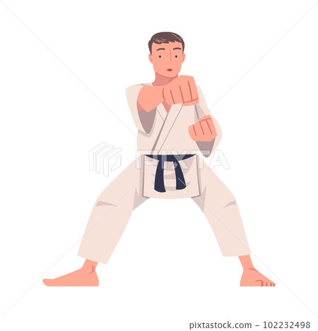 Young Man Doing Karate Wearing Kimono and Black Belt Engaged in Martial Art Vector Illustration 102232498
