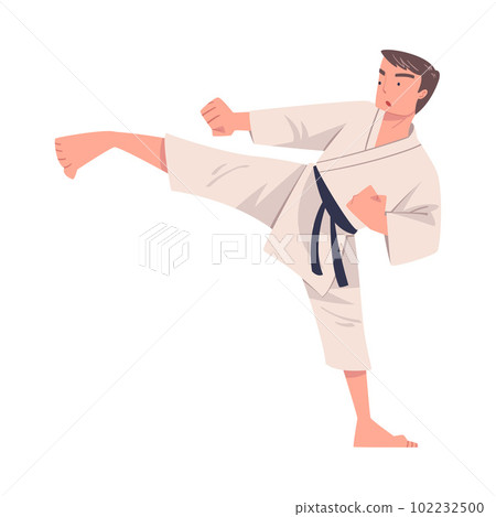 Young Man Doing Karate Wearing Kimono and Black Belt Engaged in Martial Art Vector Illustration 102232500