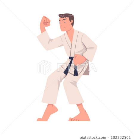 Young Man Doing Karate Wearing Kimono and Black Belt Engaged in Martial Art Vector Illustration 102232501