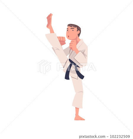 Young Man Doing Karate Wearing Kimono and Black Belt Engaged in Martial Art Vector Illustration 102232509