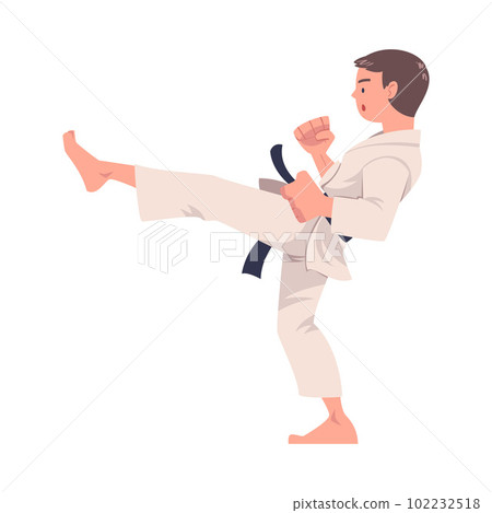 Young Man Doing Karate Wearing Kimono and Black Belt Engaged in Martial Art Vector Illustration Young Man Doing Karate Wearing Kimono and Black Belt Engaged in Martial Art Vector Illustration 102232518