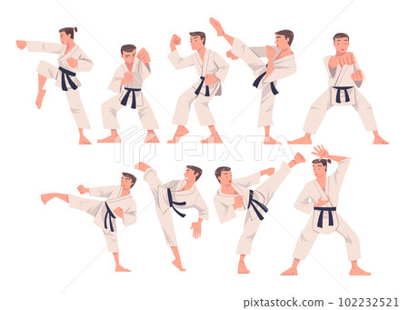 Young Man Doing Karate Wearing Kimono and Black Belt Engaged in Martial Art Vector Set 102232521