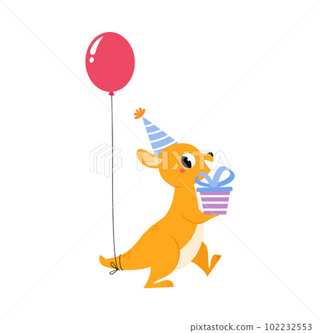 Cute Baby Kangaroo or Joey Character as Marsupial Mammal in Birthday Hat Carrying Gift Box Vector Illustration 102232553