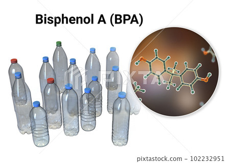 Bisphenol A molecule and plastic bottles, 3D illustration. Organic compound used in manufacturing of plastics Bisphenol A molecule and plastic bottles, 3D illustration. Organic compound used in manufacturing of plastics 102232951