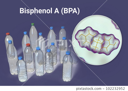 Bisphenol A molecule and plastic bottles, 3D illustration. Organic compound used in manufacturing of plastics Bisphenol A molecule and plastic bottles, 3D illustration. Organic compound used in manufacturing of plastics 102232952