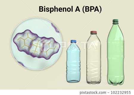 Bisphenol A molecule and plastic bottles, 3D illustration. Organic compound used in manufacturing of plastics Bisphenol A molecule and plastic bottles, 3D illustration. Organic compound used in manufacturing of plastics 102232955