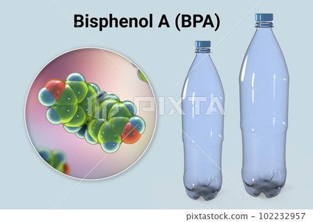 Bisphenol A molecule and plastic bottles, 3D illustration. Organic compound used in manufacturing of plastics Bisphenol A molecule and plastic bottles, 3D illustration. Organic compound used in manufacturing of plastics 102232957