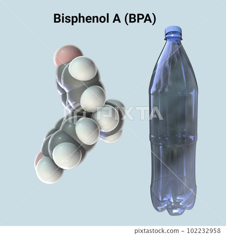 Bisphenol A molecule and plastic bottle, 3D illustration. Organic compound used in manufacturing of plastics 102232958