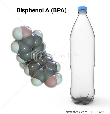Bisphenol A molecule and plastic bottle, 3D illustration. Organic compound used in manufacturing of plastics Bisphenol A molecule and plastic bottle, 3D illustration. Organic compound used in manufacturing of plastics 102232960
