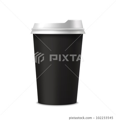 Vector isolated realistic coffee cup. Black tea mug image for sign or logo. Object for cappuccino or espresso, latte and mocha. Portable takeout or takeaway beverage container with cap. Coffeehouse Vector isolated realistic coffee cup. Black tea mug image for sign or logo. Object for cappuccino or espresso, latte and mocha. Portable takeout or takeaway beverage container with cap. Coffeehouse 102233545