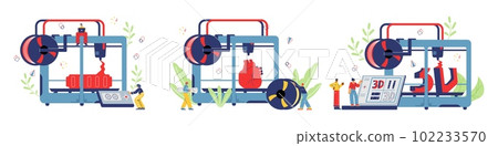 Industrial 3D printer for medicine and manufacture, flat vector isolated. 102233570