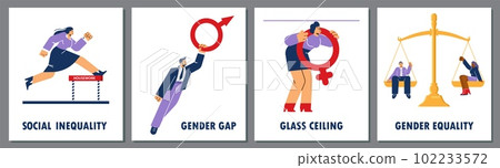 Social inequality and gender gap posters set, unequal rights for men and women at workplace, flat vector illustration. Social inequality and gender gap posters set, unequal rights for men and women at workplace, flat vector illustration. 102233572