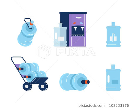 Water bottle set, gallons of clean and purified aqua - flat vector illustration isolated on white background. Water bottle set, gallons of clean and purified aqua - flat vector illustration isolated on white background. 102233576