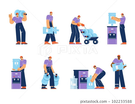Courier man delivers water bottles, flat vector illustration isolated on white background. Courier man delivers water bottles, flat vector illustration isolated on white background. 102233588