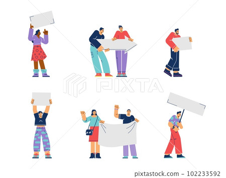 Set of people holding various signs with copy space for text flat style 102233592