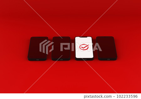 Mobile Phone and check mark icon. Different concept. 3D illustration. Mobile Phone and check mark icon. Different concept. 3D illustration. 102233596