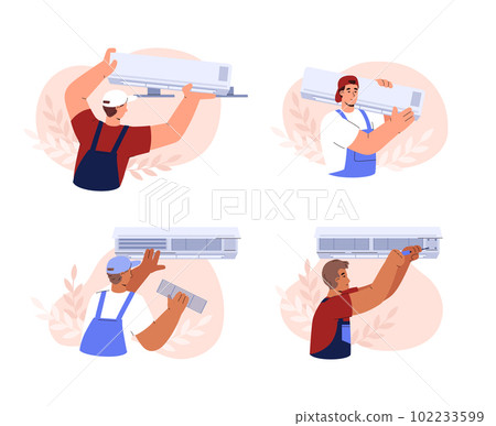 Air conditioning repair technicians and service workers, flat vector isolated. Air conditioning repair technicians and service workers, flat vector isolated. 102233599
