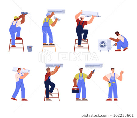 Air conditioner service technician working, set of flat vector illustrations isolated on white background. 102233601