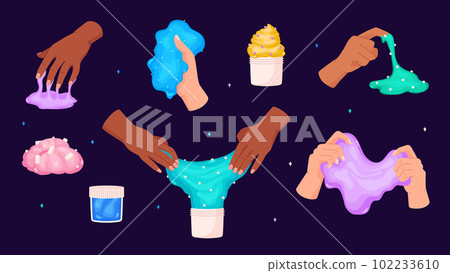 WebSet of human hands touching colorful slimes flat style 102233610