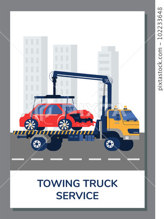 Poster or vertical banner about towing truck service flat style 102233648