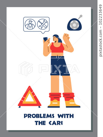Woman calling for tow truck, poster template - flat vector illustration. 102233649