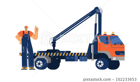 Tow truck driver or repair service worker, flat vector illustration isolated on white background. 102233653