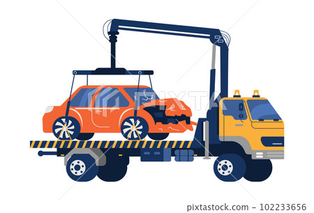 Tow truck moving damaged car after traffic accident, flat vector illustration isolated on white background. 102233656