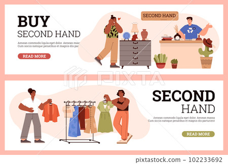 Second hand store advertising web banners set, flat vector illustration.. Second hand store advertising web banners set, flat vector illustration.. 102233692