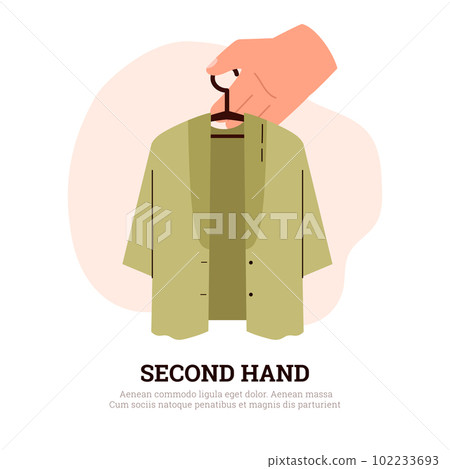 Second hand poster template, hand holding hanger with blazer - flat vector illustration on white background. 102233693