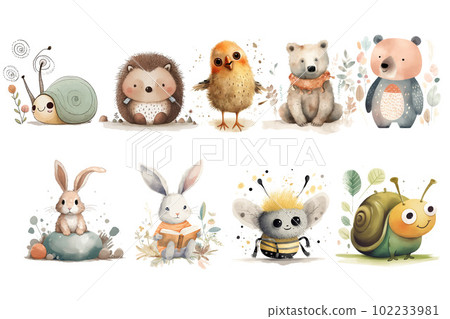 Safari Animal set bear, squirrel, bee, bird, hedgehog, snail, rabbit in 3d style. Isolated vector illustration 102233981