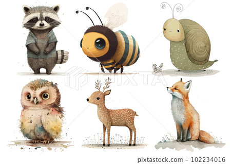Safari Animal set deer, owl, wasp, raccoon, snail, fox in 3d style. Isolated vector illustration 102234016