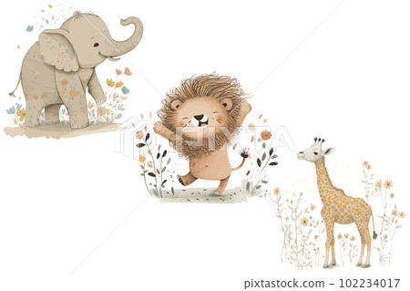 Safari Animal set elephant, giraffe, lion having fun in 3d style. Isolated vector illustration Safari Animal set elephant, giraffe, lion having fun in 3d style. Isolated vector illustration 102234017
