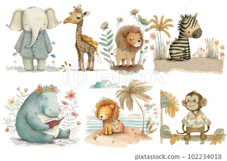 Safari Animal set elephant, giraffe, lion, hippo, monkey and zebra on holiday in 3d style. Isolated vector illustration Safari Animal set elephant, giraffe, lion, hippo, monkey and zebra on holiday in 3d style. Isolated vector illustration 102234018