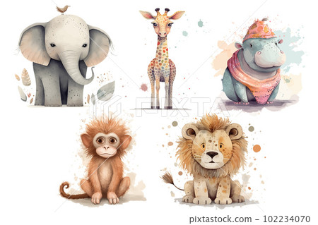 Safari Animal set lion, hippopotamus, elephant, monkey and giraffe in 3d style. Isolated vector illustration 102234070