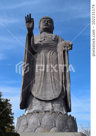 牛久大佛正面的全身像和藍天(縱向構圖) 牛久大佛正面的全身像和藍天(縱向構圖) 102235174