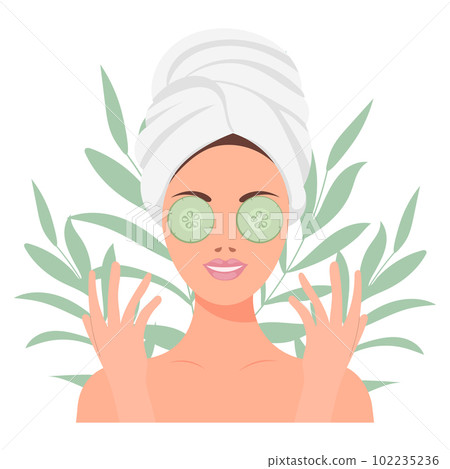 Facial skin care. A woman takes care of her skin. Cosmetic masks, patches, cream, lotion, soap, face scrub. Illustration, vector 102235236