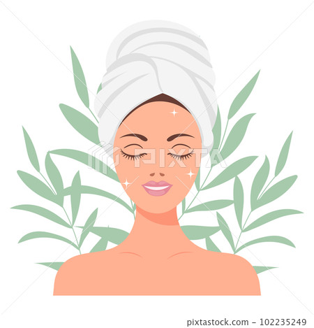 Facial skin care. A woman takes care of her skin. Cosmetic masks, patches, cream, lotion, soap, face scrub. Illustration, vector 102235249