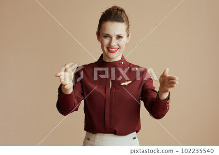 smiling female stewardess on beige showing where exits are 102235540