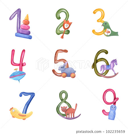 Watercolor illustration of numbers from 1 to 9 with kid wood toys isolated on white background. Multicolor elements for design of party, greeting cards, celebrations, stickers, invitations 102235659