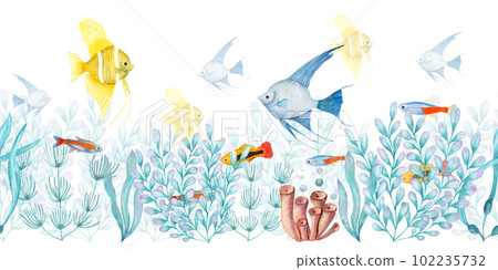 Watercolor seamless banner of yellow, blue angelfishes among plants isolated on white background. For greeting card design, menus, background, prints, wallpaper, fabric, textile, wrapping. 102235732