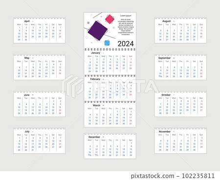 Vector illustration. Quarter. Calendar 2024. Week starts on Monday. Corporate calendar template for organizations. 102235811