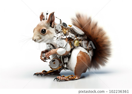 Image of a squirrel modified into a electronics robot on a white background. Wildlife Animal. illustration, generative AI. Image of a squirrel modified into a electronics robot on a white background. Wildlife Animal. illustration, generative AI. 102236361