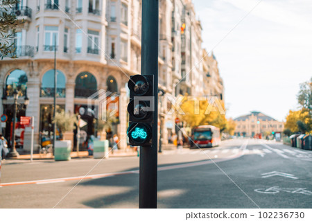 Blurred view of city traffic with traffic lights, in the foreground a traffic light with a green light. Valencia, Spain Blurred view of city traffic with traffic lights, in the foreground a traffic light with a green light. Valencia, Spain 102236730