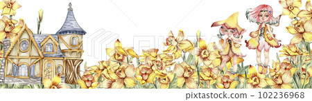 Watercolor horizontal seamless background with narcissus. Flowers in cartoon style. Hand drawn illustration of summer. Perfect for scrapbooking, kids design, wedding invitation, greetings cards. Watercolor horizontal seamless background with narcissus. Flowers in cartoon style. Hand drawn illustration of summer. Perfect for scrapbooking, kids design, wedding invitation, greetings cards. 102236968