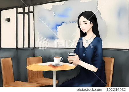 一位女士在咖啡館裡看著智能手機，臉上帶著等候的表情 102236982