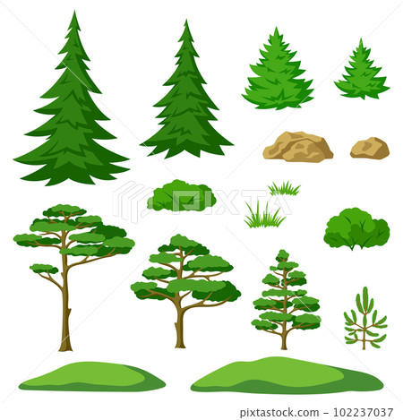Set of stylized trees. Spring or summer forest. Seasonal illustration. Set of stylized trees. Spring or summer forest. Seasonal illustration. 102237037