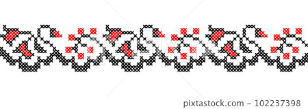 Ukrainian floral pattern in red and black colors. Vector ornament, border, pattern. Ukrainian folk, ethnic floral embroidery. Pixel art, vyshyvanka, cross stitch Ukrainian floral pattern in red and black colors. Vector ornament, border, pattern. Ukrainian folk, ethnic floral embroidery. Pixel art, vyshyvanka, cross stitch 102237398