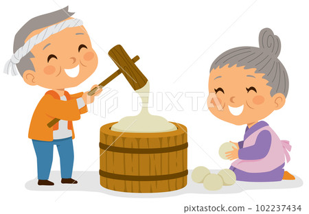 Mochi making in Japan. Elderly Japanese man and woman making traditional mochi rice cakes. 102237434