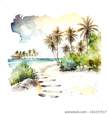Watercolor scenic landscape maldives watercolor. White color background. Nature beauty. Aerial view. Luxury background. Summer seascape. Amazing nature background. Relax day. Watercolor scenic landscape maldives watercolor. White color background. Nature beauty. Aerial view. Luxury background. Summer seascape. Amazing nature background. Relax day. 102237517
