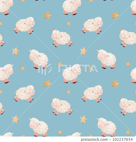 Beautiful children's seamless pattern with cute hand drawn watercolor sheep animal like cloud. Stock illustration. 102237654